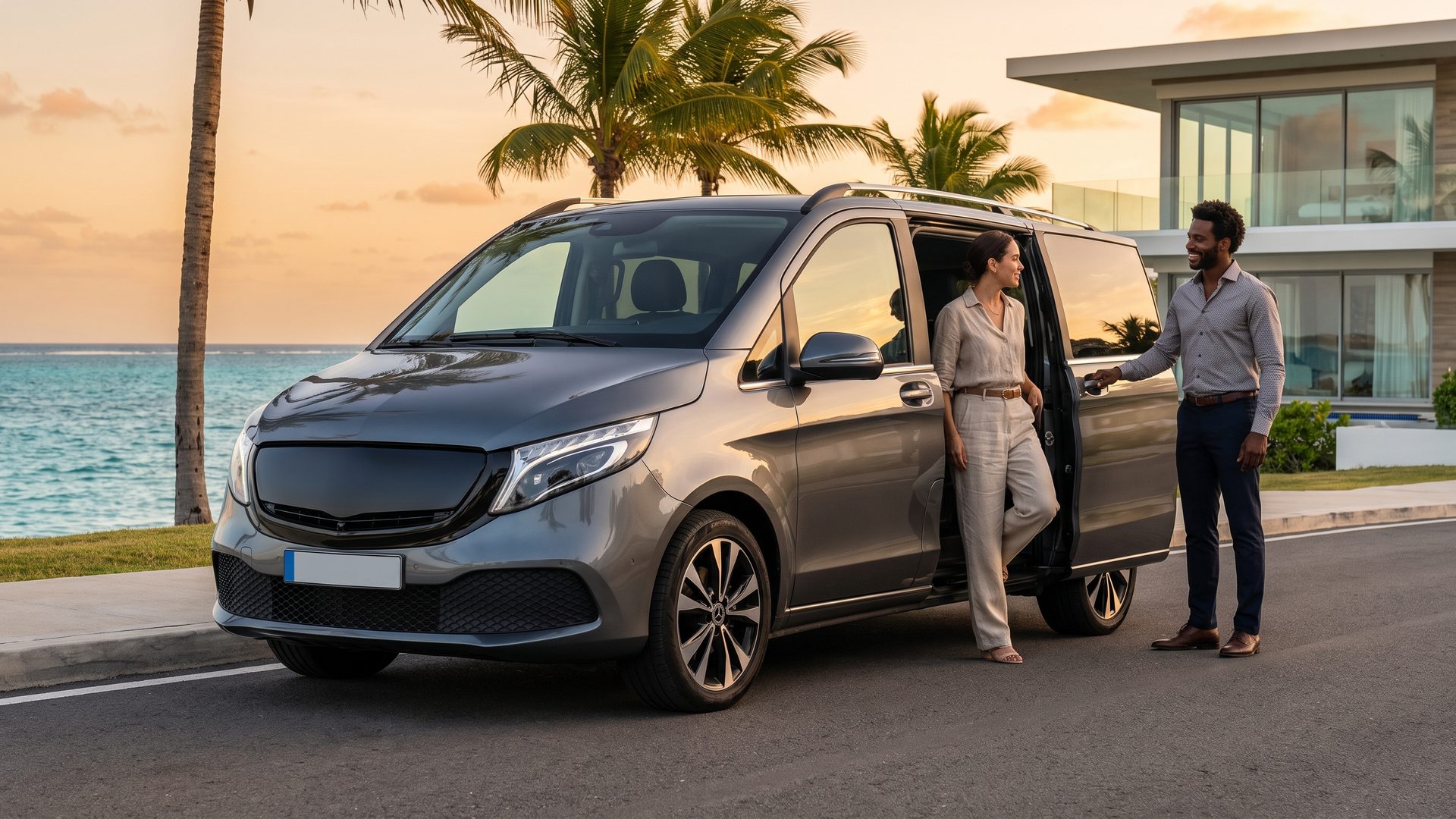 Chauffeur ouvrant la porte d'un véhicule ON WAY à une passagère, au bord de mer en Guadeloupe